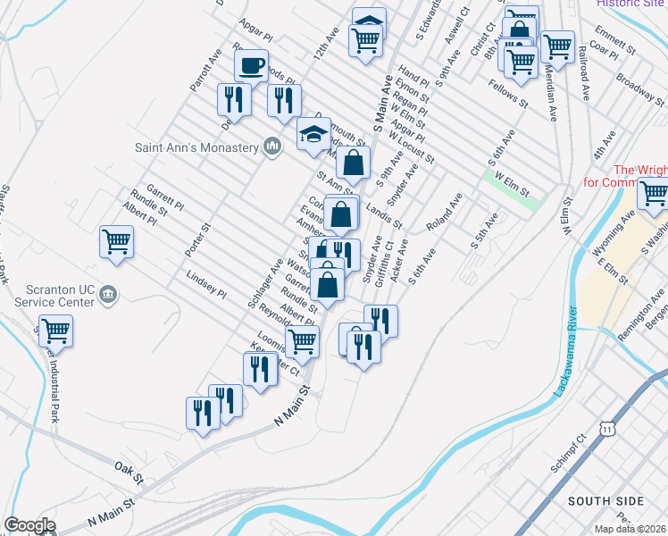 map of restaurants, bars, coffee shops, grocery stores, and more near 1218 South Main Avenue in Scranton