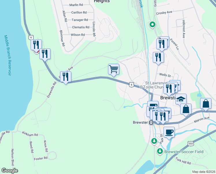 map of restaurants, bars, coffee shops, grocery stores, and more near 2577 Carmel Avenue in Brewster