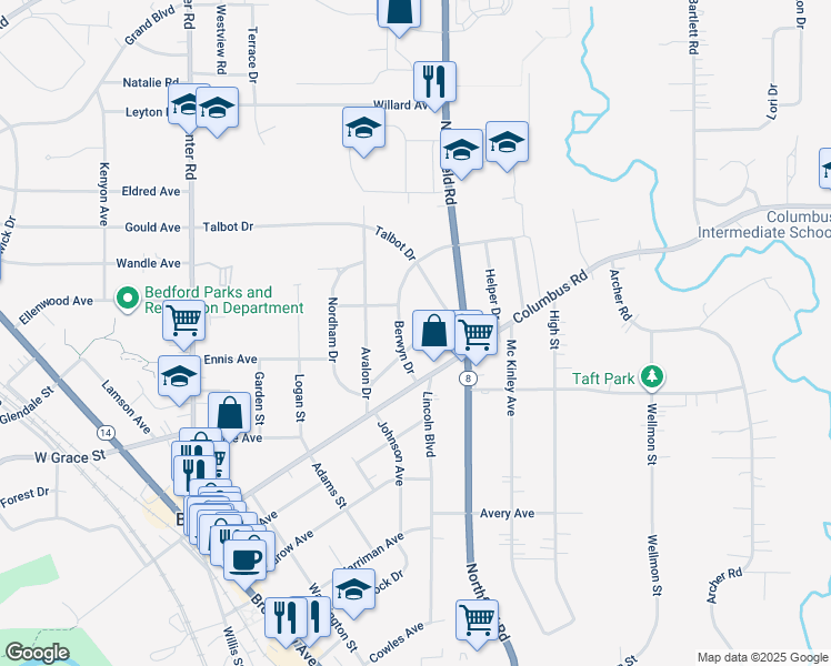 map of restaurants, bars, coffee shops, grocery stores, and more near 299 Marion Drive in Bedford