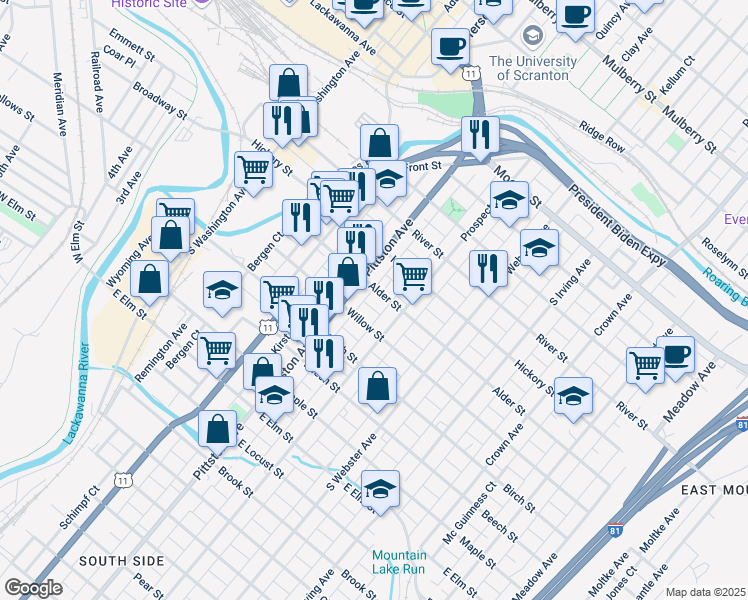 map of restaurants, bars, coffee shops, grocery stores, and more near 524 Alder Street in Scranton