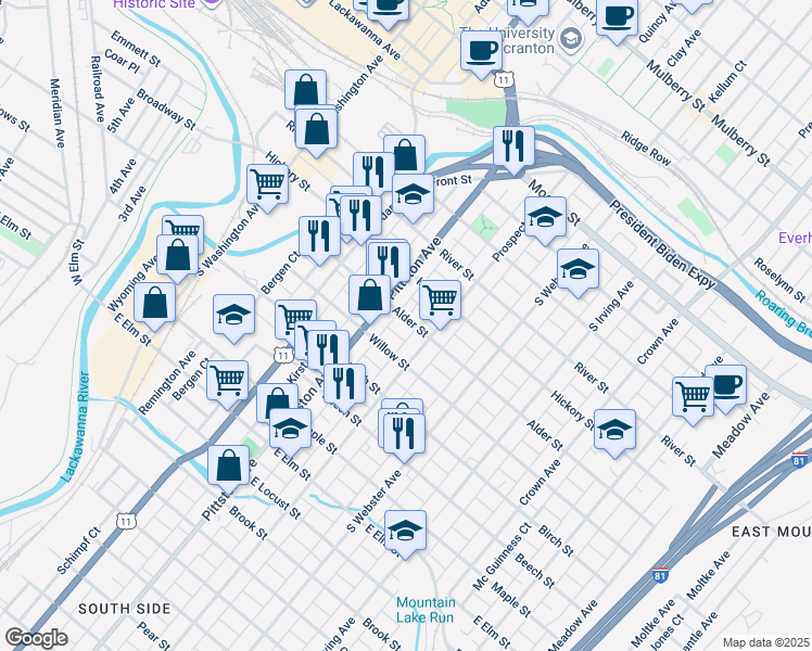 map of restaurants, bars, coffee shops, grocery stores, and more near 524 Alder Street in Scranton