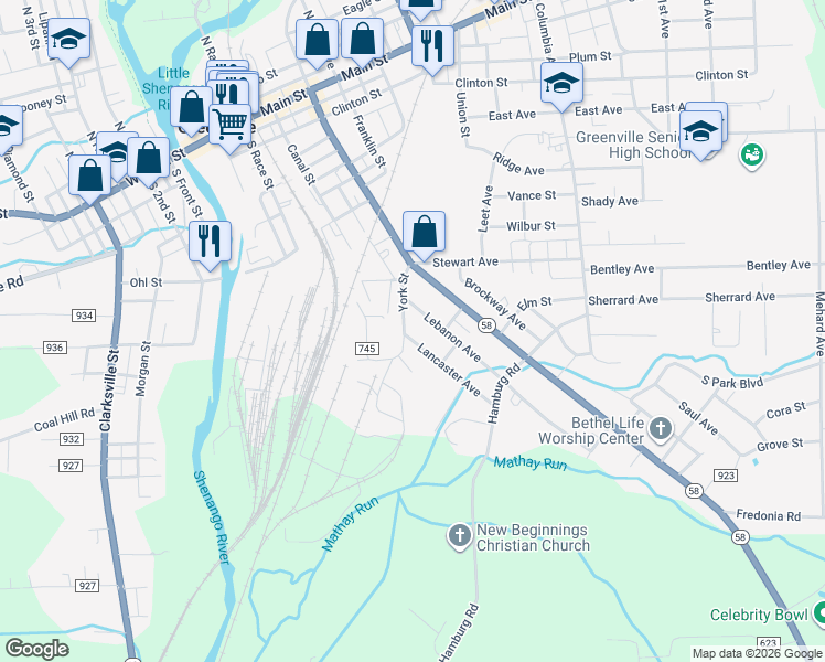 map of restaurants, bars, coffee shops, grocery stores, and more near 1 Lancaster Avenue in Greenville