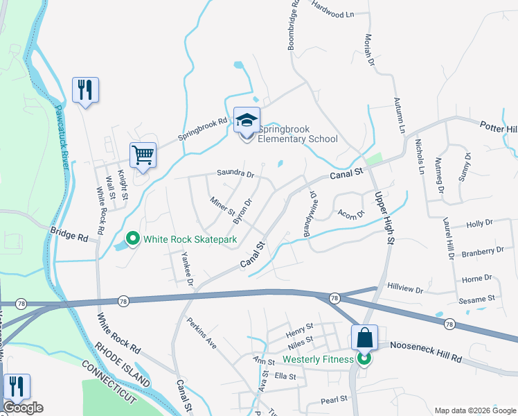map of restaurants, bars, coffee shops, grocery stores, and more near 11 Beatrice Street in Westerly