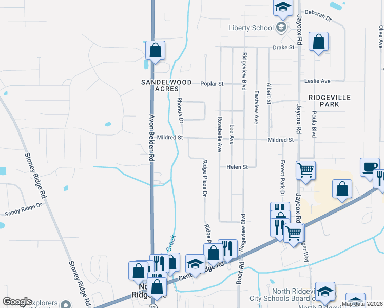 map of restaurants, bars, coffee shops, grocery stores, and more near 6285 Ridge Plaza Drive in North Ridgeville