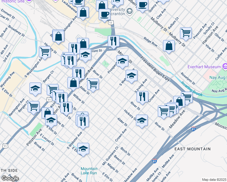map of restaurants, bars, coffee shops, grocery stores, and more near 404 South Webster Avenue in Scranton