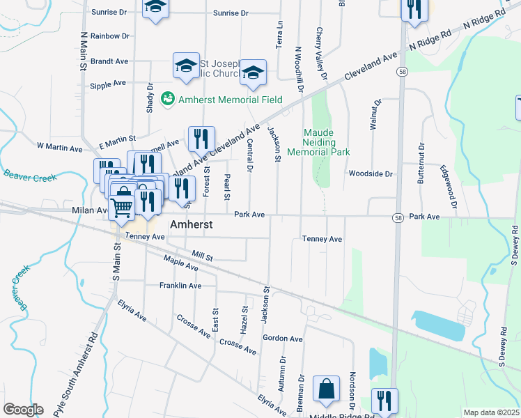 map of restaurants, bars, coffee shops, grocery stores, and more near 749 Park Avenue in Amherst