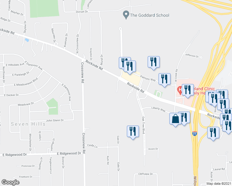 map of restaurants, bars, coffee shops, grocery stores, and more near 6100 Lombardo Center in Seven Hills
