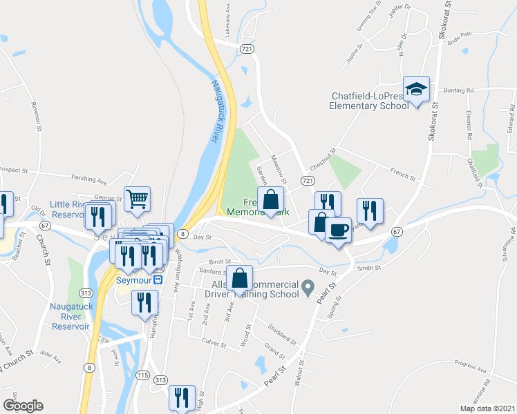 map of restaurants, bars, coffee shops, grocery stores, and more near 73 Spruce Street in Seymour