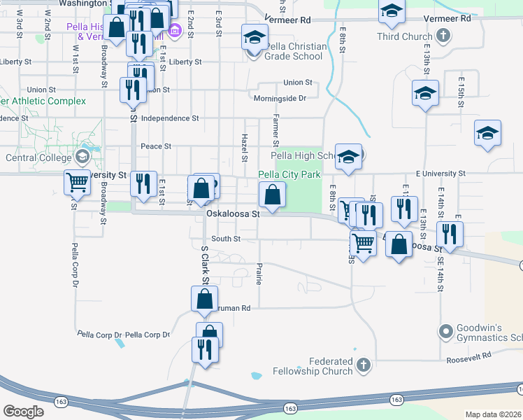 map of restaurants, bars, coffee shops, grocery stores, and more near 228 Oskaloosa Street in Pella