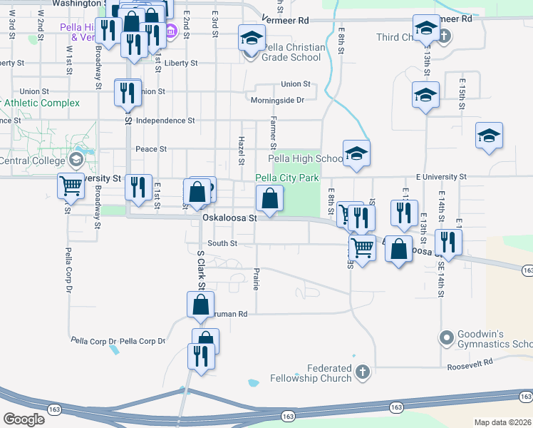 map of restaurants, bars, coffee shops, grocery stores, and more near 228 Oskaloosa Street in Pella