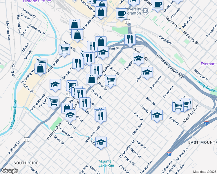 map of restaurants, bars, coffee shops, grocery stores, and more near 522 Prospect Avenue in Scranton