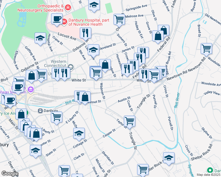 map of restaurants, bars, coffee shops, grocery stores, and more near 14 Chappelle Street in Danbury