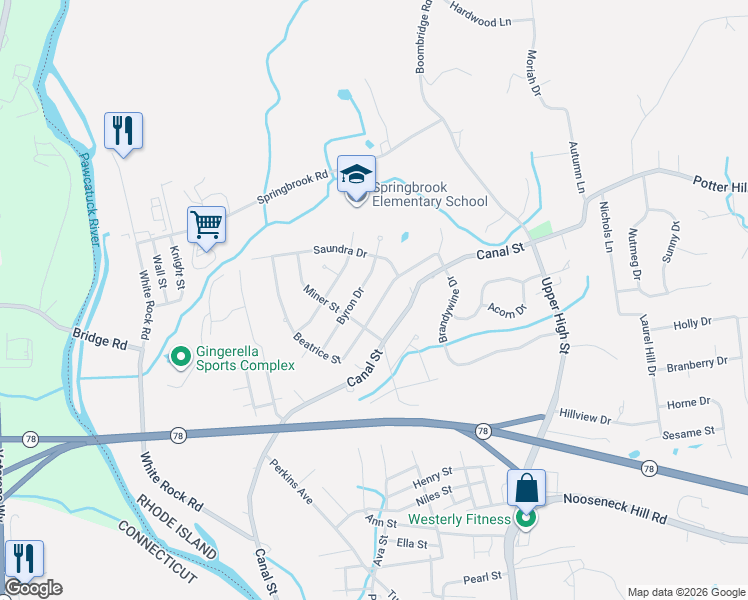 map of restaurants, bars, coffee shops, grocery stores, and more near 11 Beatrice Street in Westerly