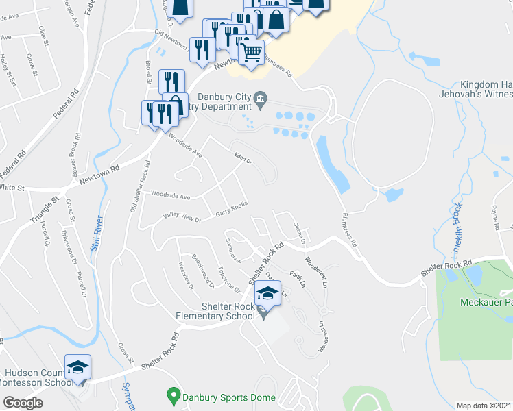 map of restaurants, bars, coffee shops, grocery stores, and more near 2 Garry Knolls in Danbury