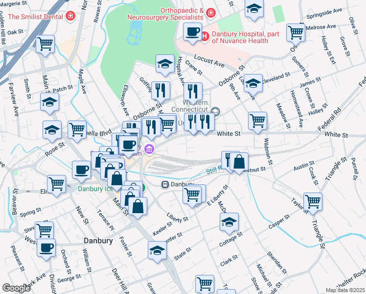 map of restaurants, bars, coffee shops, grocery stores, and more near 8 Bates Place in Danbury