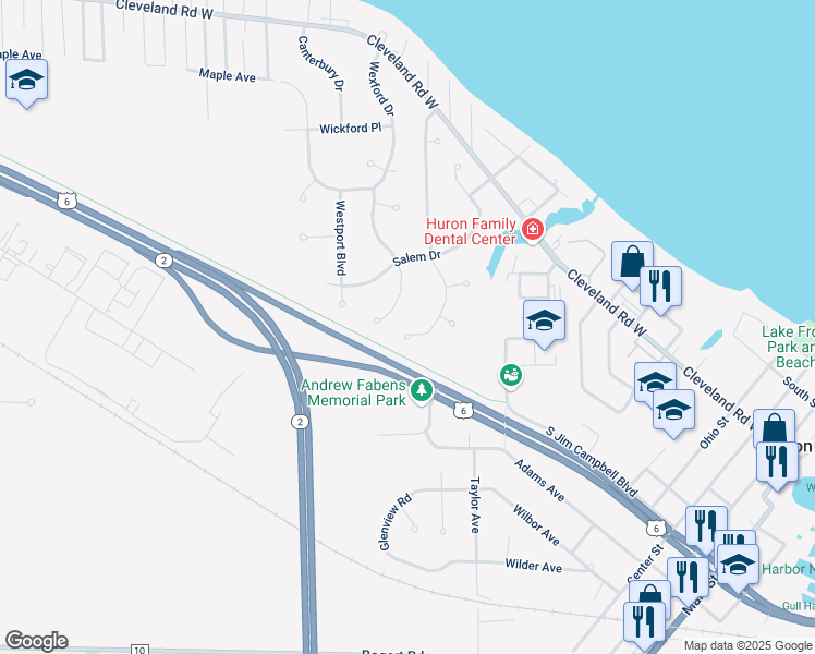 map of restaurants, bars, coffee shops, grocery stores, and more near 706 Strowbridge Drive in Huron