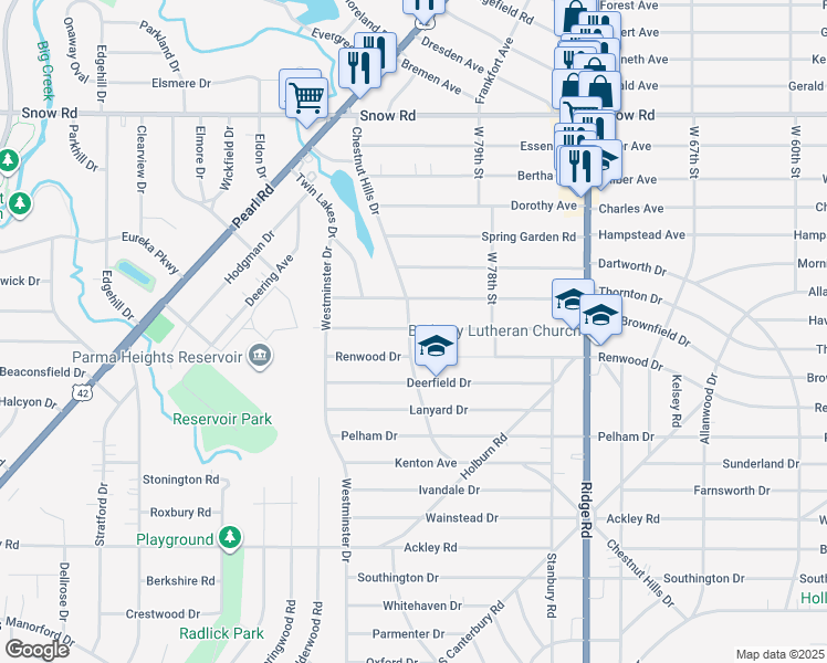 map of restaurants, bars, coffee shops, grocery stores, and more near 8020 Whittington Drive in Parma