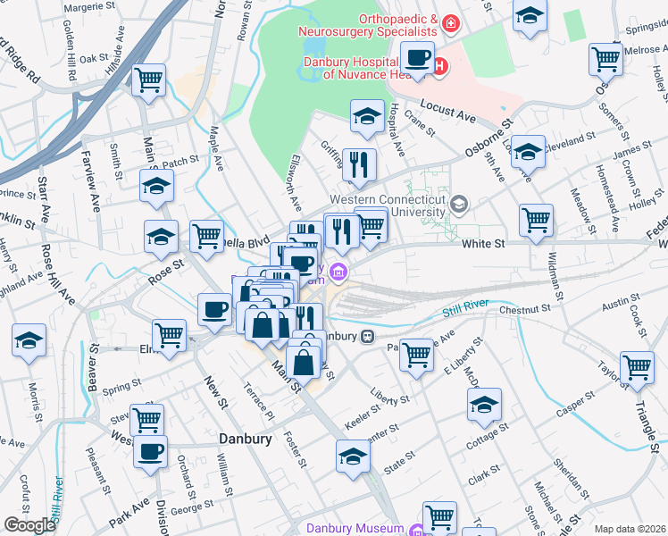 map of restaurants, bars, coffee shops, grocery stores, and more near 121 White Street in Danbury