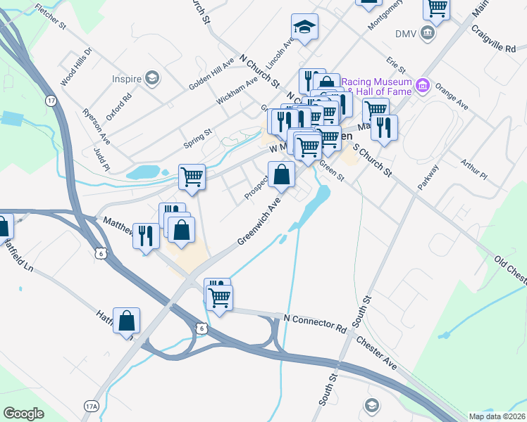 map of restaurants, bars, coffee shops, grocery stores, and more near 244 Greenwich Avenue in Goshen