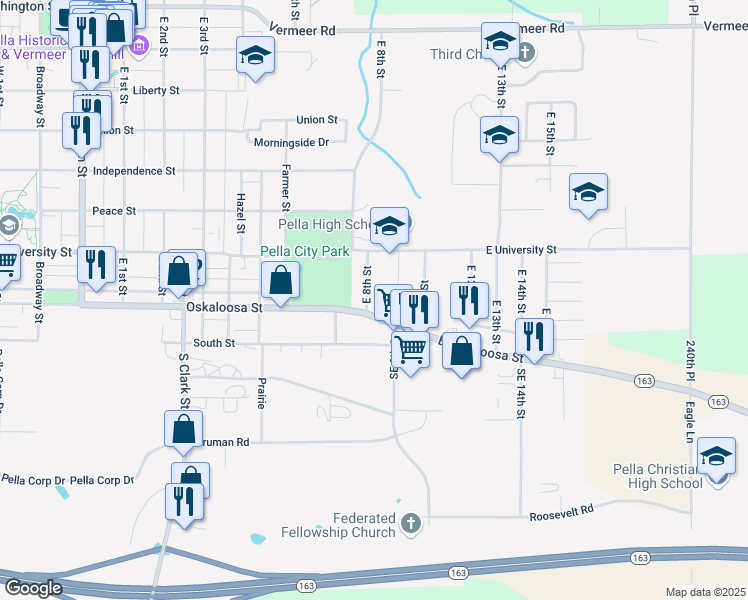 map of restaurants, bars, coffee shops, grocery stores, and more near 202 East 8th Street in Pella
