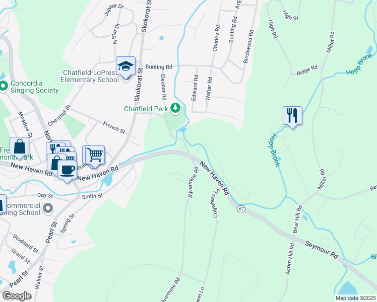 map of restaurants, bars, coffee shops, grocery stores, and more near 107 New Haven Road in Seymour