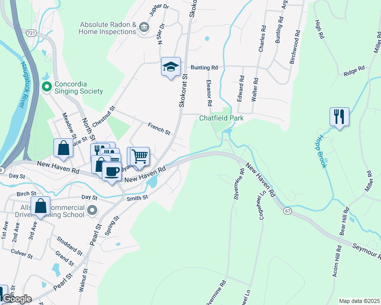 map of restaurants, bars, coffee shops, grocery stores, and more near 6 Skokorat Street in Seymour