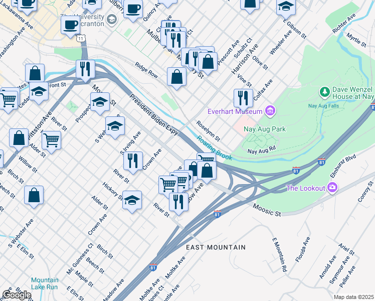 map of restaurants, bars, coffee shops, grocery stores, and more near in Scranton