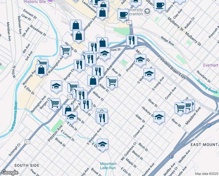 map of restaurants, bars, coffee shops, grocery stores, and more near 522 Prospect Avenue in Scranton