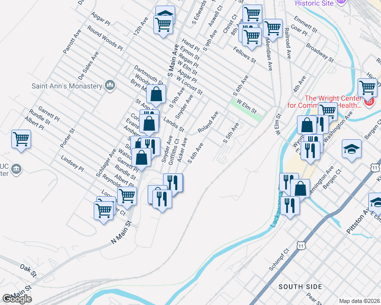 map of restaurants, bars, coffee shops, grocery stores, and more near 1216 South 6th Avenue in Scranton
