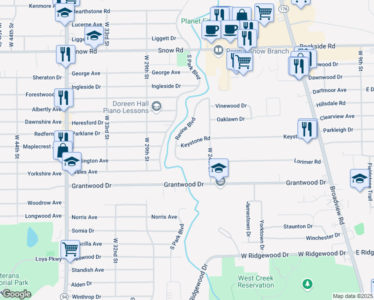 map of restaurants, bars, coffee shops, grocery stores, and more near 2515 Keystone Road in Parma