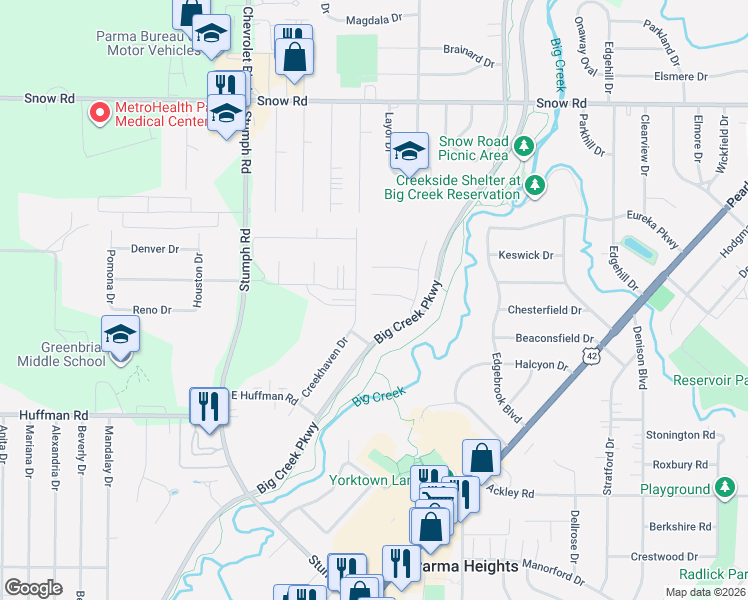 map of restaurants, bars, coffee shops, grocery stores, and more near 10979 Antietam Road in Parma Heights
