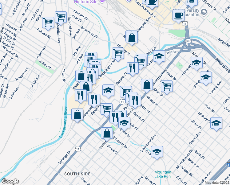 map of restaurants, bars, coffee shops, grocery stores, and more near 315 Neptune Place in Scranton