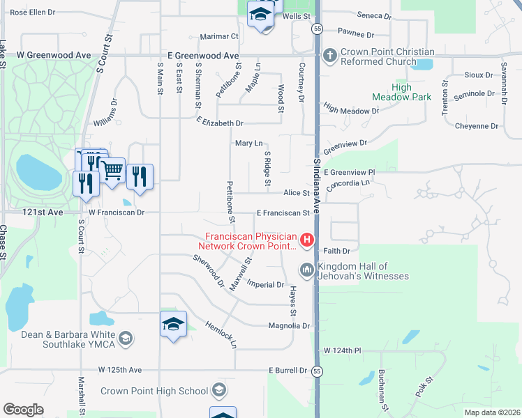 map of restaurants, bars, coffee shops, grocery stores, and more near 600 Franciscan Drive in Crown Point
