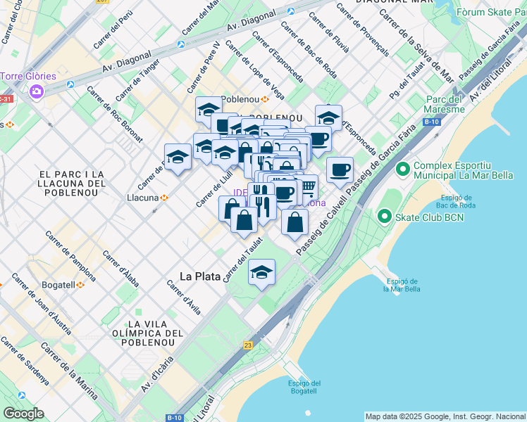 map of restaurants, bars, coffee shops, grocery stores, and more near 205 Carrer del Doctor Trueta in Barcelona