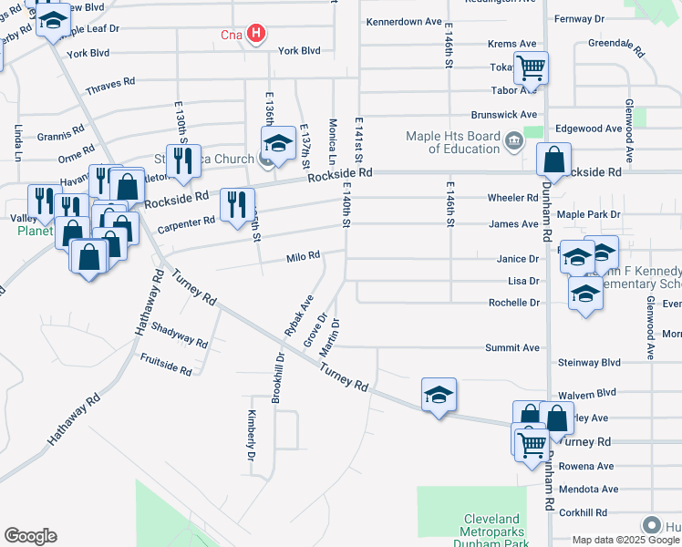 map of restaurants, bars, coffee shops, grocery stores, and more near 13955 Grove Drive in Garfield Heights