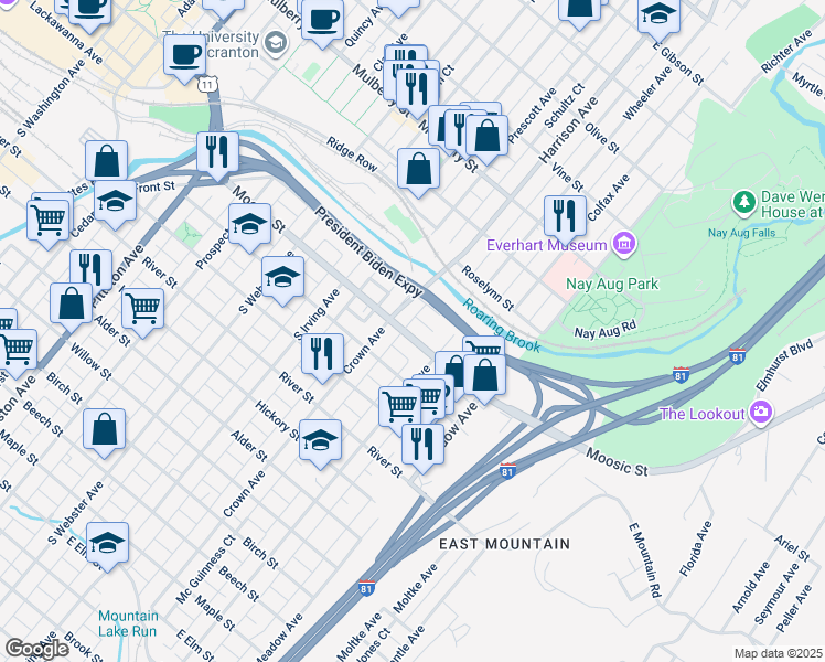 map of restaurants, bars, coffee shops, grocery stores, and more near 923 Moosic Street in Scranton
