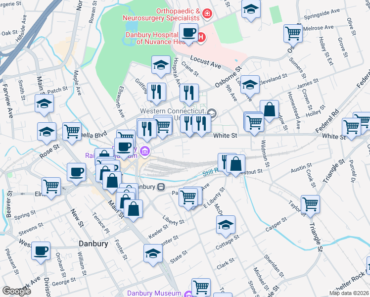 map of restaurants, bars, coffee shops, grocery stores, and more near 15 Bates Place in Danbury