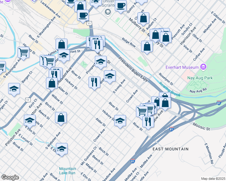 map of restaurants, bars, coffee shops, grocery stores, and more near 226 South Irving Avenue in Scranton