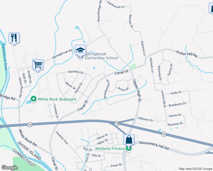 map of restaurants, bars, coffee shops, grocery stores, and more near 7 Brandywine Drive in Westerly