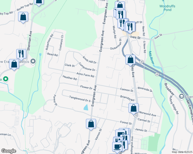 map of restaurants, bars, coffee shops, grocery stores, and more near Evergreen Avenue & Anns Farm Road in Hamden