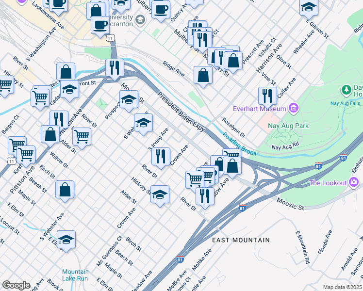 map of restaurants, bars, coffee shops, grocery stores, and more near 118 Crown Avenue in Scranton
