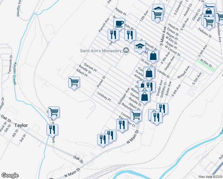 map of restaurants, bars, coffee shops, grocery stores, and more near 1217 Rundle Street in Scranton