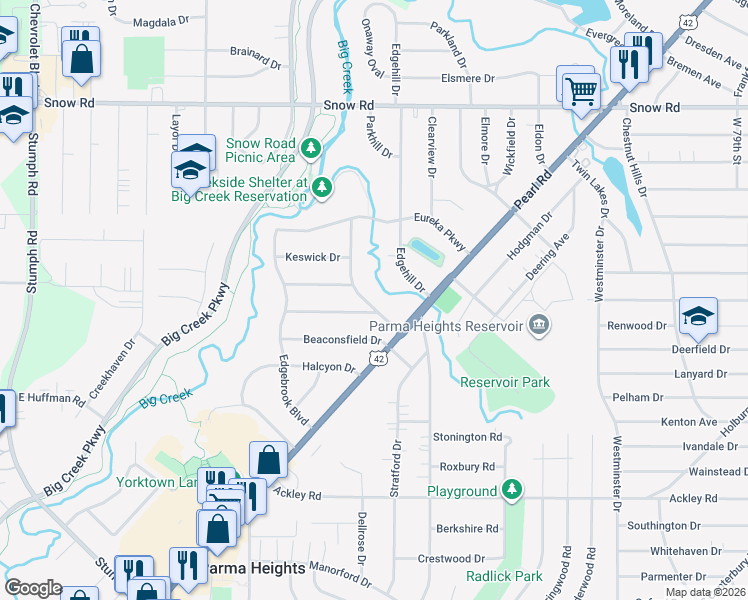 map of restaurants, bars, coffee shops, grocery stores, and more near 6051 Maplecliff Drive in Parma Heights