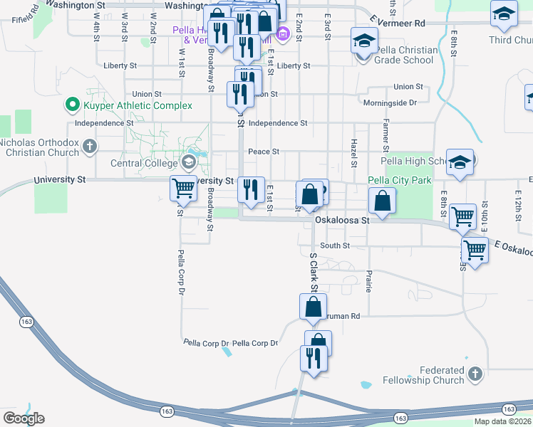 map of restaurants, bars, coffee shops, grocery stores, and more near 613 Huber Street in Pella