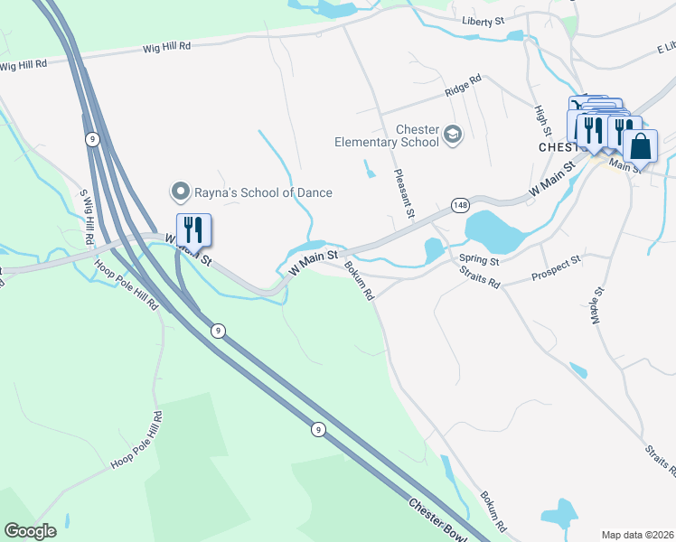 map of restaurants, bars, coffee shops, grocery stores, and more near 83 Spring Street in Chester