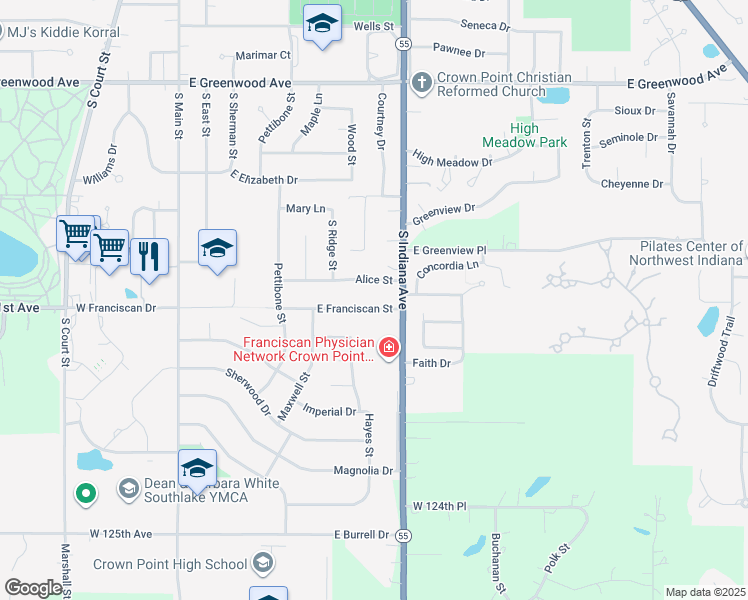 map of restaurants, bars, coffee shops, grocery stores, and more near 810 Franciscan Drive in Crown Point
