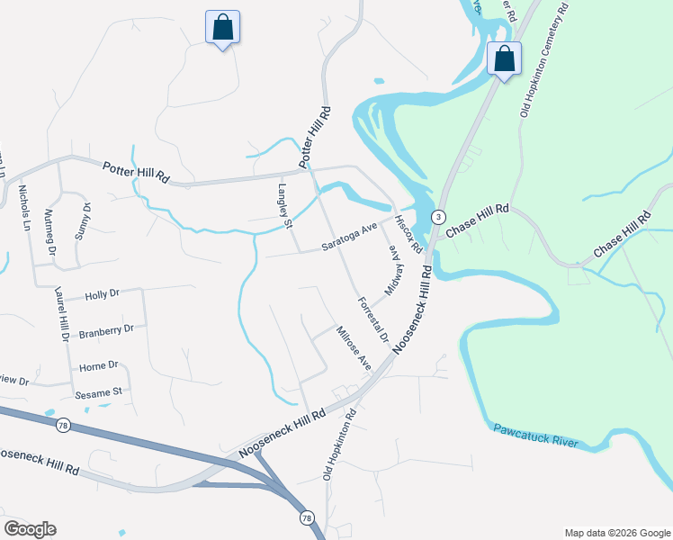 map of restaurants, bars, coffee shops, grocery stores, and more near 23 Milrose Avenue in Westerly