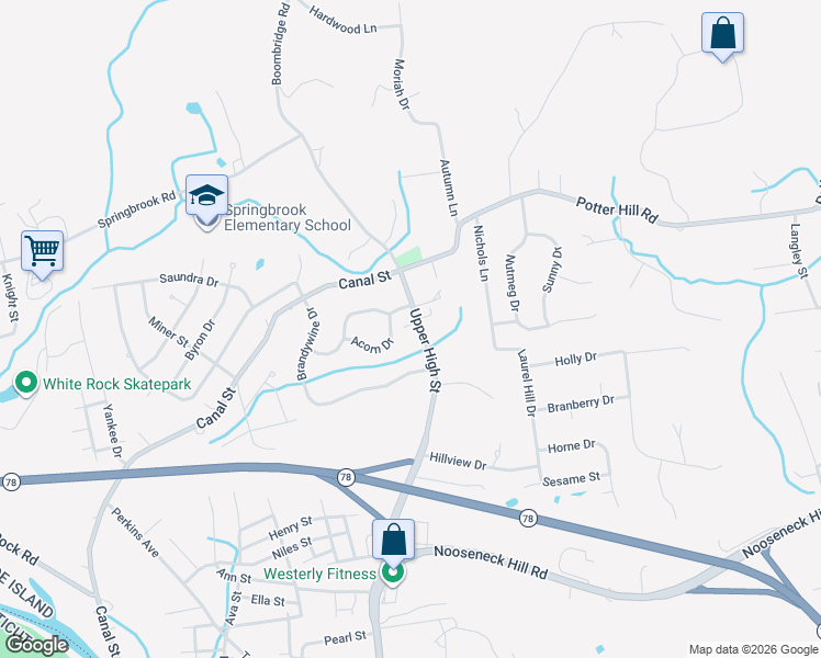 map of restaurants, bars, coffee shops, grocery stores, and more near 306 High Street in Westerly