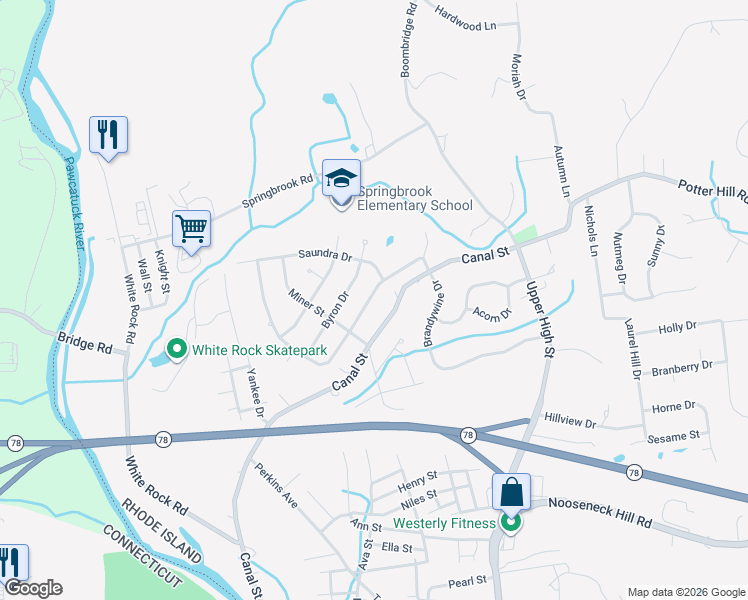 map of restaurants, bars, coffee shops, grocery stores, and more near 11 Beatrice Street in Westerly
