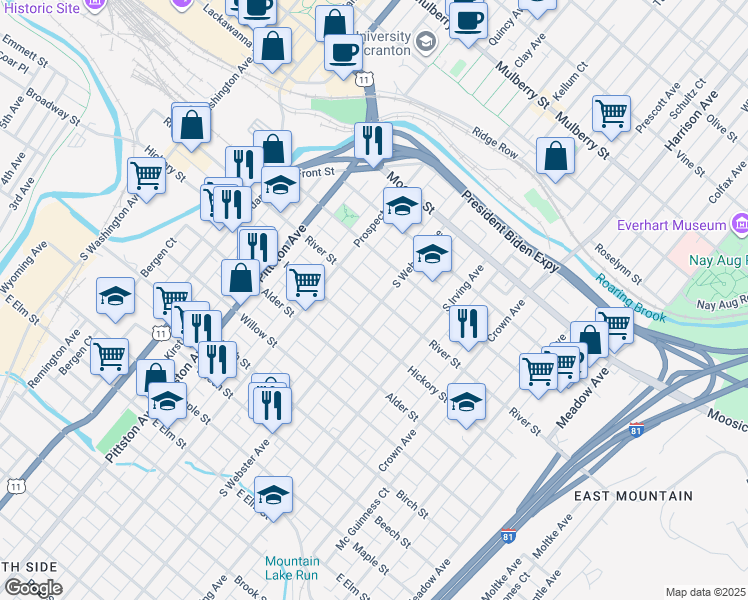 map of restaurants, bars, coffee shops, grocery stores, and more near 404 South Webster Avenue in Scranton